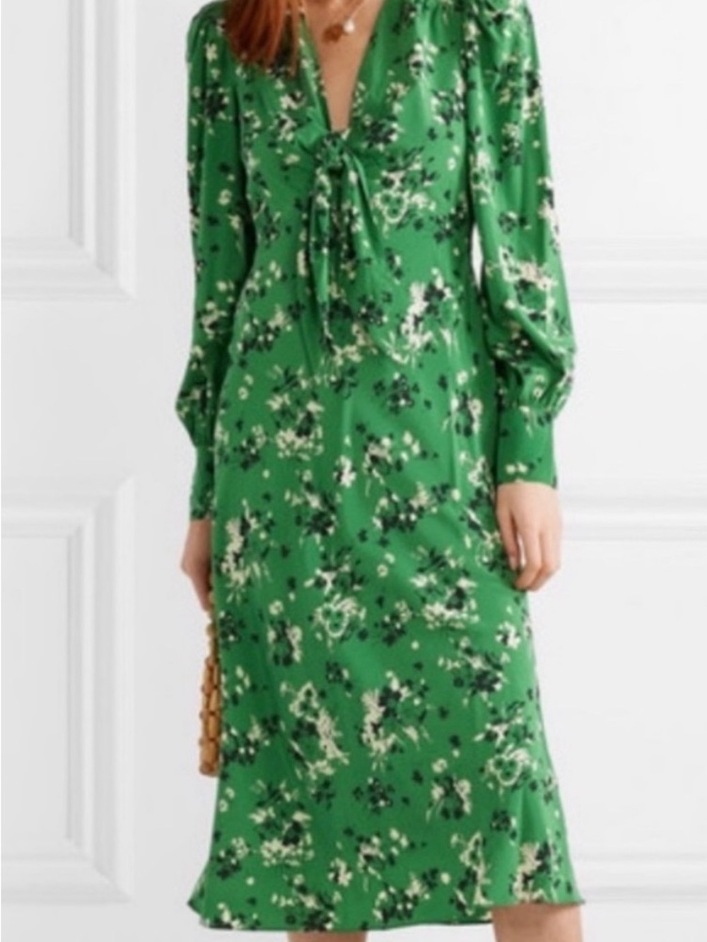 Veronica Beard Green Floral Tie-Neck Midi Dress